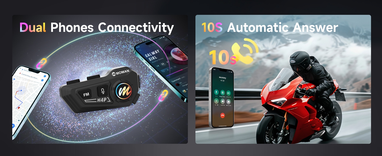 Text reads 'Dual Phones Connectivity' and '10s Automatic Answer'. Product interface showing motorcycle and phone connectivity features.