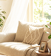 Cream-colored interior living space with cushioned furniture, decorative pillows in beige and gold tones, and warm natural lighting from window. Cozy home decor setup.