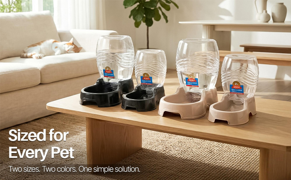 Multiple size options shown as a pet water bowl dispenser lineup, ideal for use as a cat water