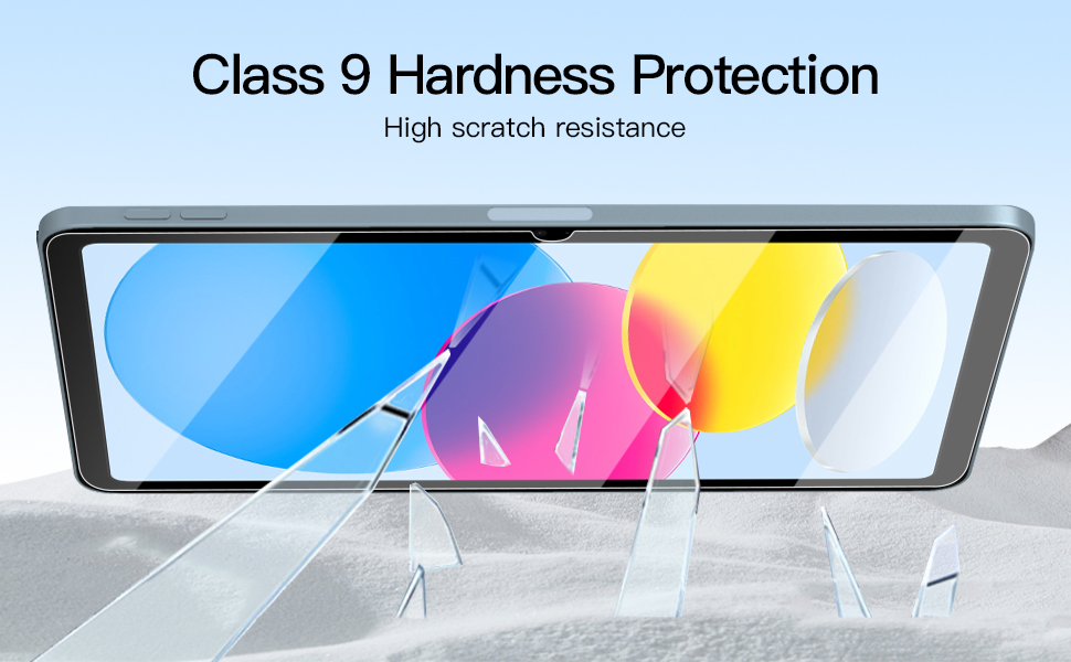 Screen protector demonstration showing Class 9 hardness protection and high scratch resistance for a tablet or mobile device display.