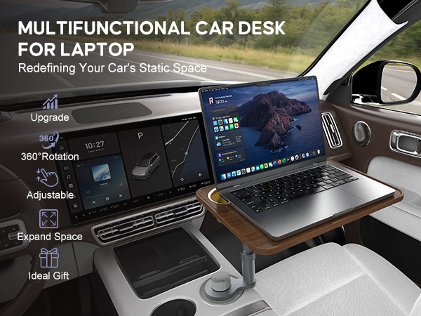 Car Desk Car Tray for Laptop &amp;amp; Food, Wooden Cup Holder Table with Adjustable Height