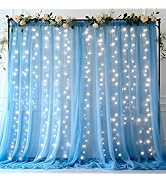 Ledido 10×8ft Blue Tulle Backdrop Curtains with Lights String - 300LED Fairy Lights Sheer Curtain...
