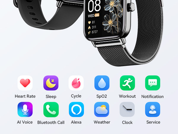 smart watch with 2 bands (Black silicone strap and black stainless steel strap)