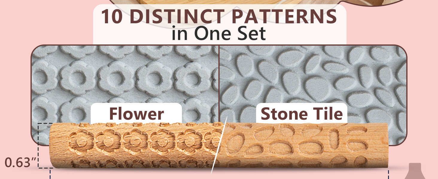 Flower and stone stile pattern beech wooden rollers