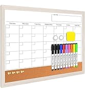 Monthly Whiteboard Calendar &amp; Corkboard for Wall, Magnetic 17"x13" Dry Erase Board with White Woo...