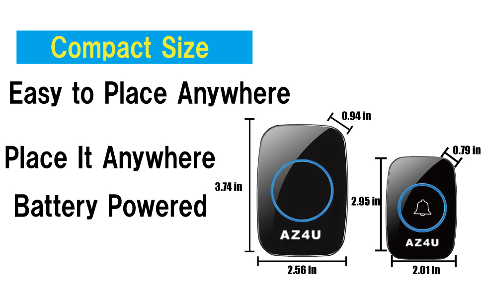 Compact battery powered AZ4U wireless doorbell and push button with size dimensions