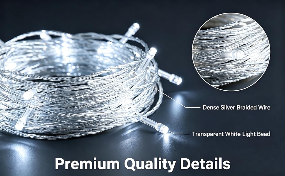 Premium cool white LED string lights with dense silver braided wire and light beads