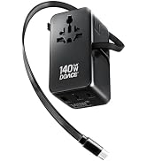 DOACE Universal Travel Adapter, 140W GaN 3.0 European Travel Plug Adapter with Built-in USB-C Cab...