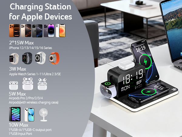 Acer 7 in 1 Wireless Charging Station with LED Night Light, Bluetooth Time Sync Clock