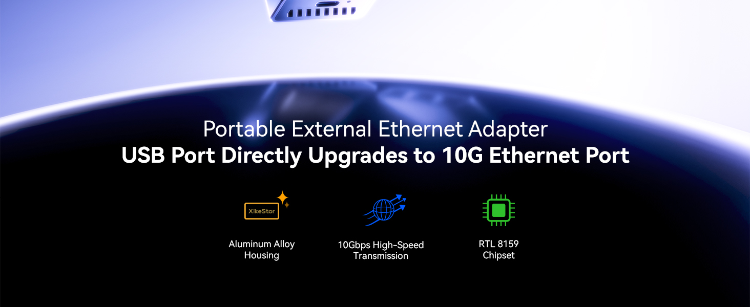 Text reads 'Portable External Ethernet Adapter USB Port Directly Upgrades to 100 Ethernet Port'. Product image showing a black networking adapter device with technical icons.