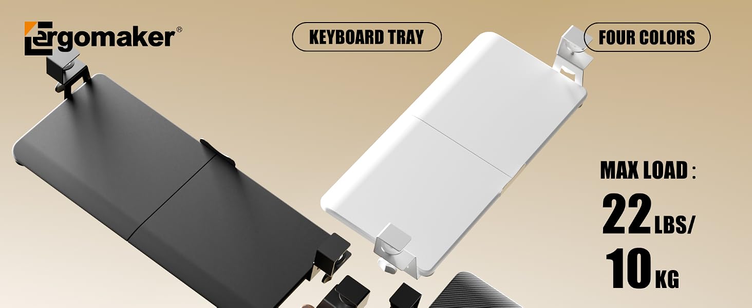 Text reads 'Ergomaker', 'KEYBOARD TRAY', 'FOOD CREATE'. Black keyboard tray or platform with mounting hardware visible.