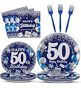 96 Pcs 50th Birthday Party Supplies Navy Blue and Silver Birthday Plates 50th Birthday Paper Tabl...