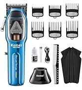 Kemei electric hair clipper in metallic blue with LCD display, includes 6 guide combs, charging cable, cleaning brush, styling comb, barber cape and maintenance oil.