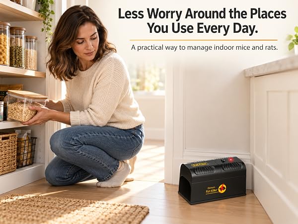 Homeowner organizing a bright kitchen with an electric rodent trap placed along the wall.