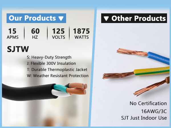 Heavy Duty 125v/250v Black SJTW Cord (1.5 Ft, Black)