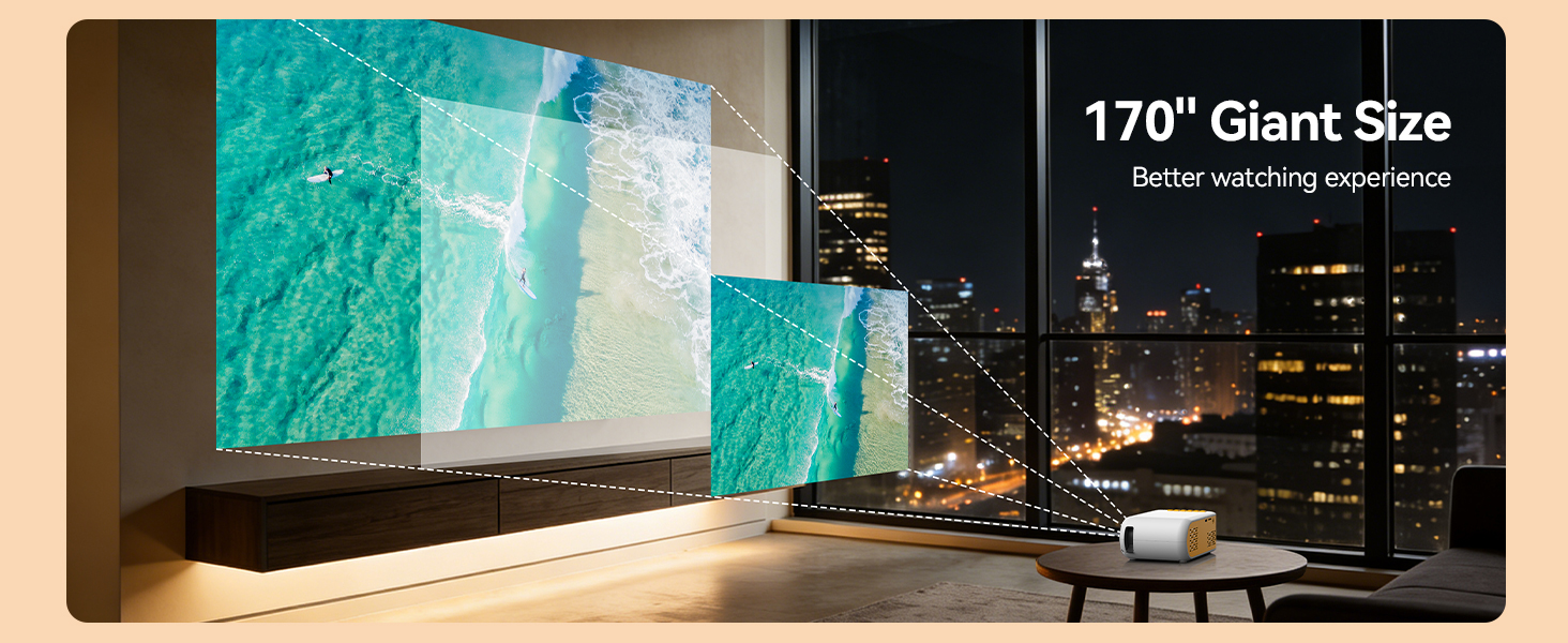Text shows '170" Giant Size'. Outdoor projection screen displayed against illuminated swimming pool and city skyline backdrop at night.