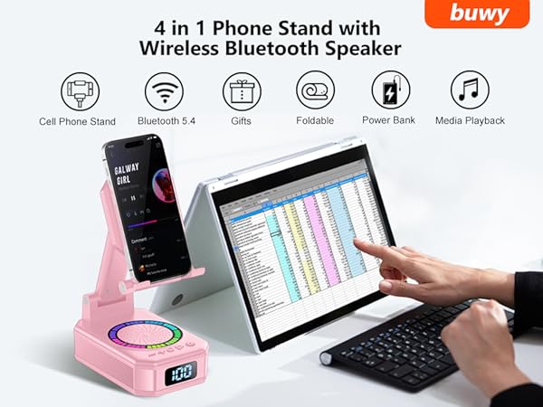Text reads 'Wireless Bluetooth Speaker' followed by feature icons. Marketing images showing portable speaker with various function indicators and specifications.