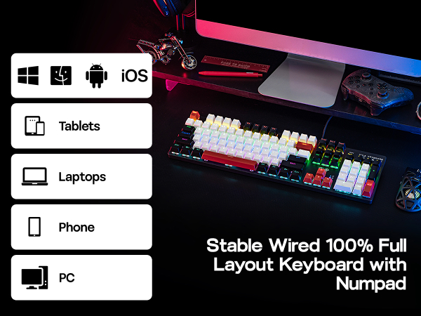 Text reads 'Stable Wired 100% Full', 'Layout Keyboard with Numpad'. Gaming keyboard with RGB backlight. Icons show compatibility with PC, tablets, phones, Windows, Android, and iOS.