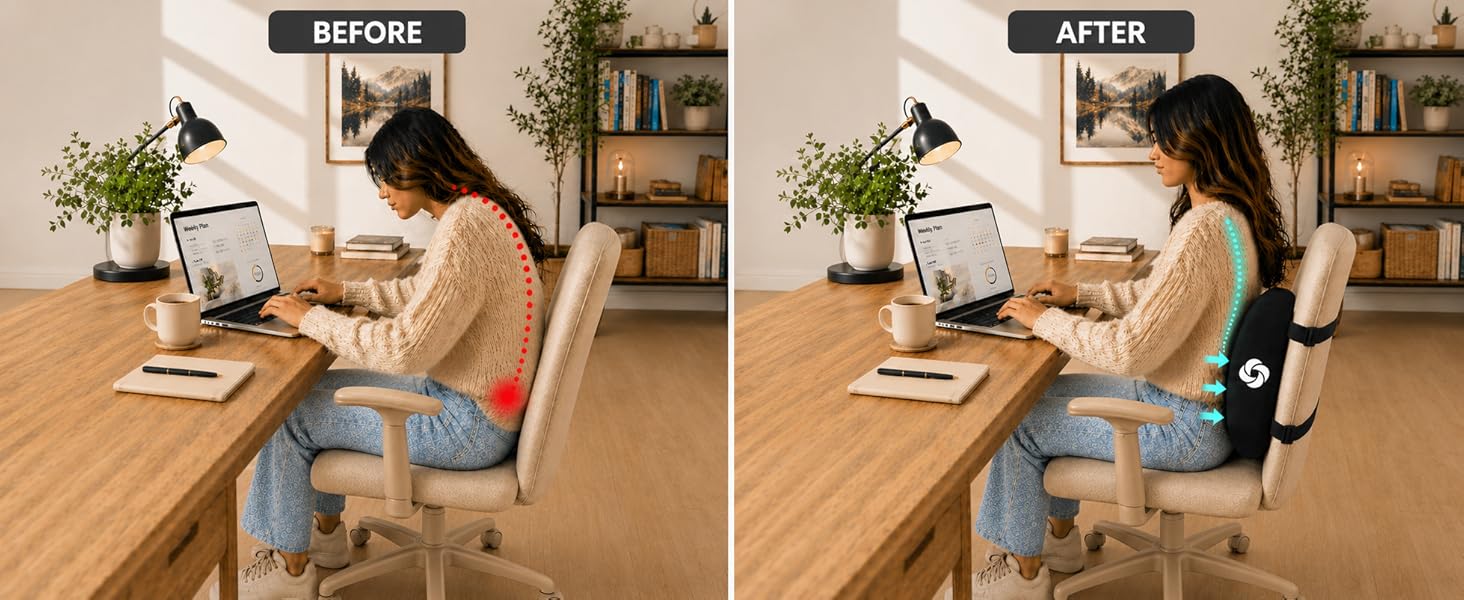 A sleek, modern office desk with a ergonomic chair beside a large window overlooking a city skyline,