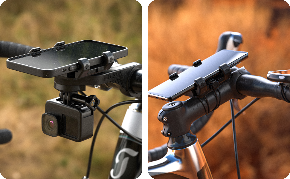 Bicycle handlebar mount system shown in two views, featuring black mounting bracket for attaching accessories to bike handlebars.