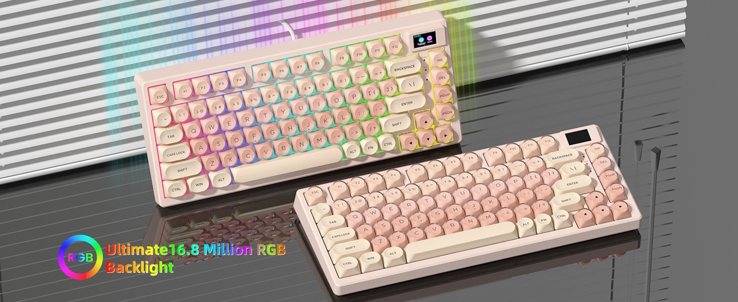 Pink Mechanical Gaming Keyboard 75% with Color Multimedia Display Jelly Keyboard Wired
