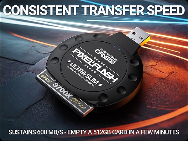 Black PixelFlash Classic CFast reader adapter, consistent 600MB/s transfer speed performance