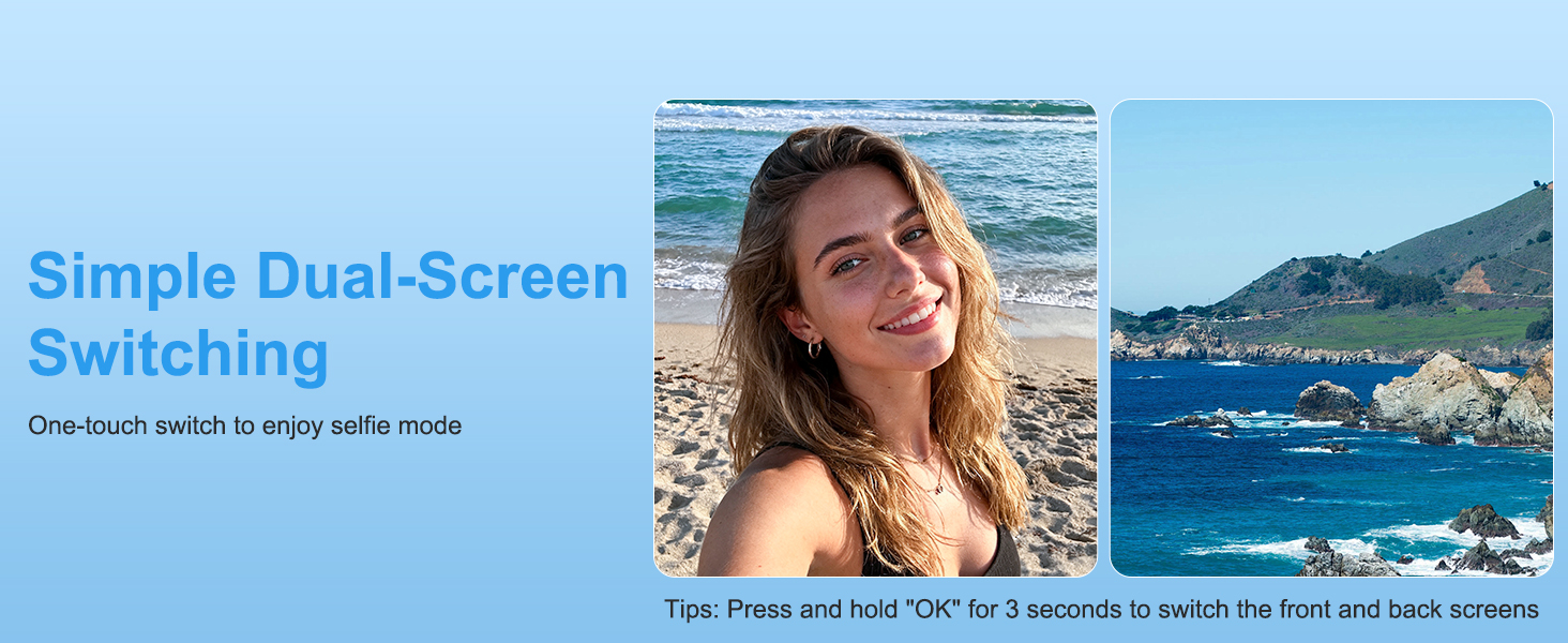 Perfect selfies made easy. One-touch dual-screen switching puts you in control.