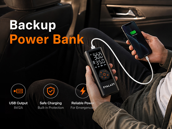 EVALAST air pump provides 5 V/2 A emergency USB power for temporary phone charging.