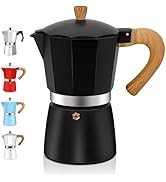 Moka pot coffee maker with black body, wooden handle and knob. Silver base ring. Side panel shows same design in silver, red, light blue, and white colors.