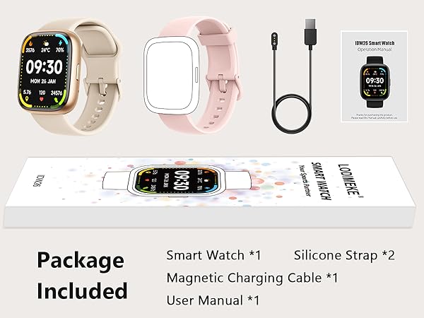 Text reads: 'Package Included: Smart Watch *1, Silicone Strap *1, Magnetic Charging Cable *1, User Manual *1'. Product diagram showing smart watch components and accessories.
