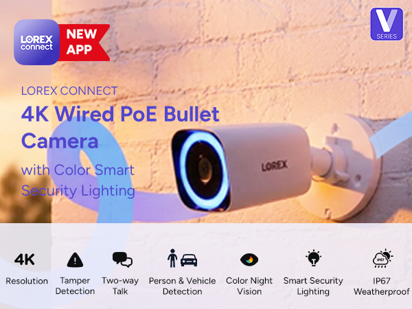 Lorex Connect V5 4K PoE Bullet Cameras with Color Smart Security Lighting - White