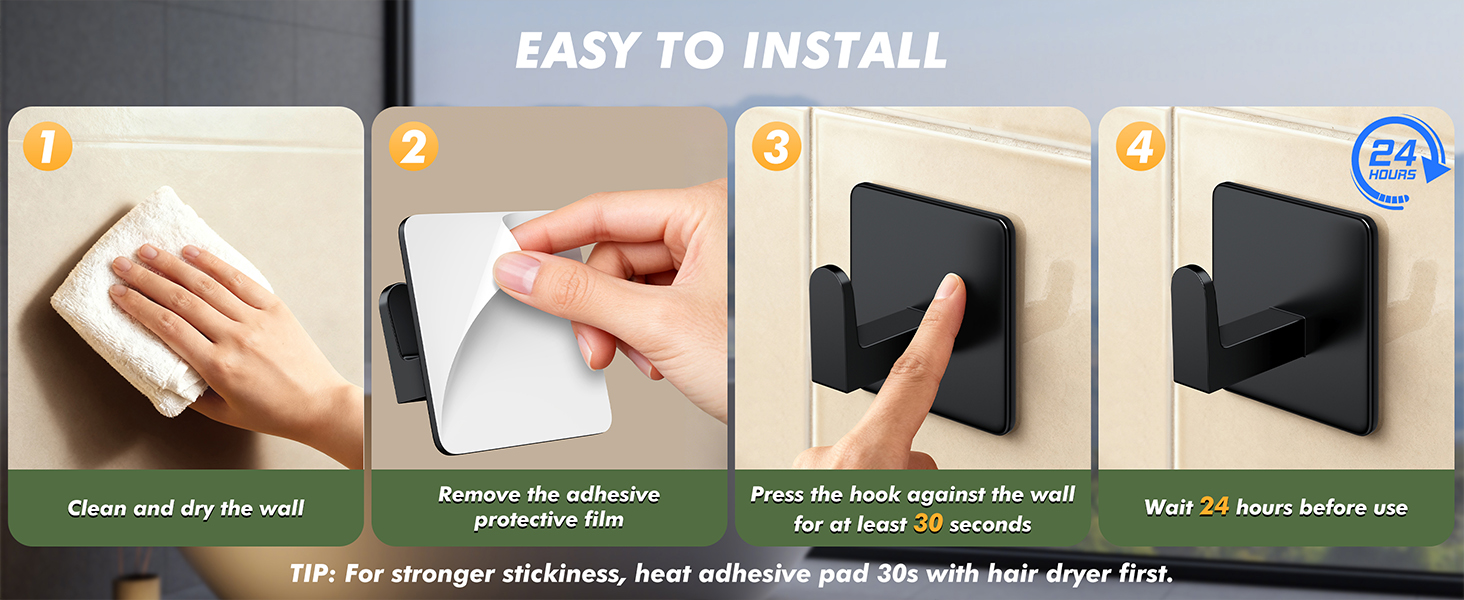 Easy installation steps: clean and dry wall, peel film, press firmly for 30 seconds, wait 24 hours