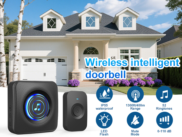 Wireless Doorbell with 3 receivers 1 Button,IP55 Waterproof,1300 FT/400M Remote Doorbell