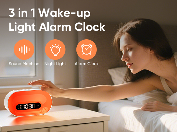yong female wake up plesantly by sunrise alarm clock in the morning