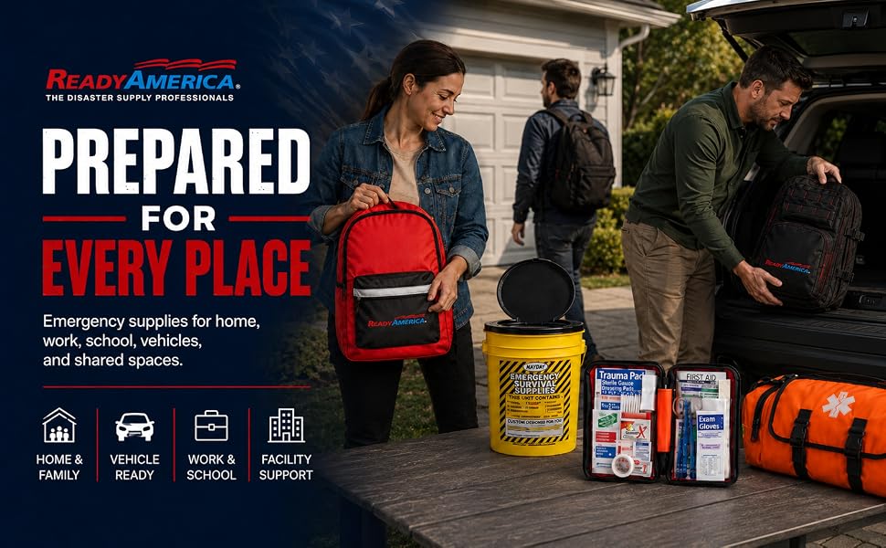 Ready America emergency supplies for home, vehicle, work, school, and facility preparedness