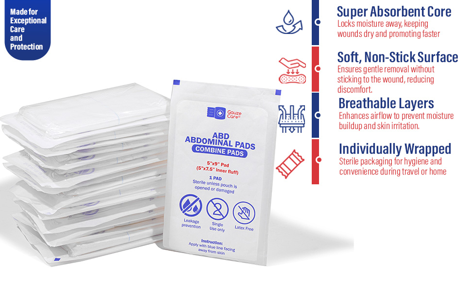 Features of Abdominal Pads, Absorbent, Soft, Breathable, Individually wrapped