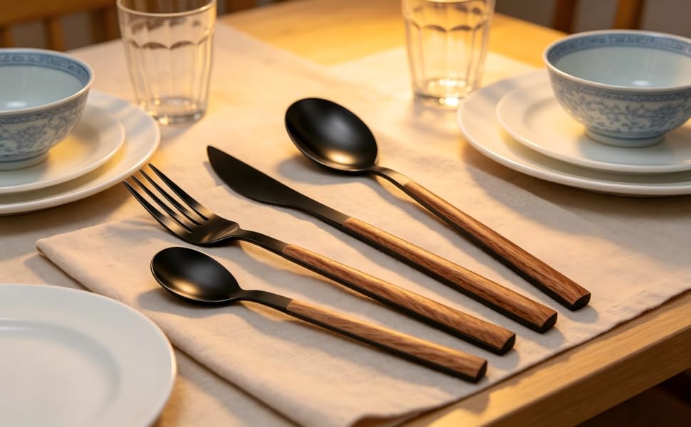Black Cutlery Utensils Set with Simulated Wooden Handle Include Knives Forks Spoons Service for 4