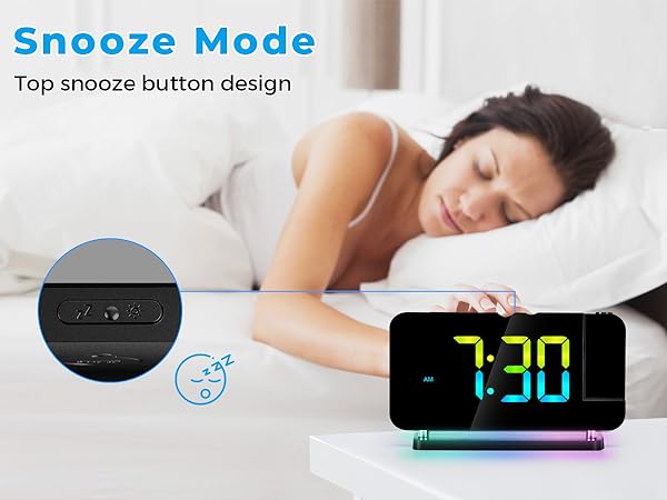 Projection Alarm Clock,7.4" LED Mirror Digital Clocks Large Display,with 180° Rotatable Projector