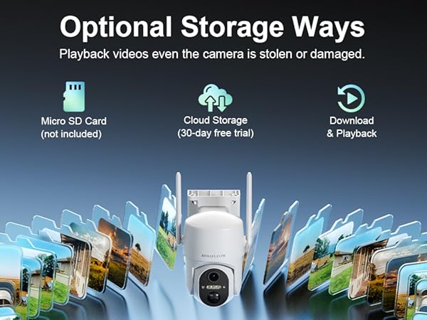 Wireless security camera outdoor saves events to local or cloud storage