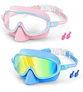 Vvinca 2 Pack Kids Swim Goggles with Nose Cover, Wide View Anti-Fog UV Protection Swimming Mask f...