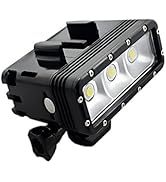 Black rectangular LED light with three bright bulbs, rugged housing, and mounting bracket. Features cooling fins and appears designed for outdoor or industrial use.