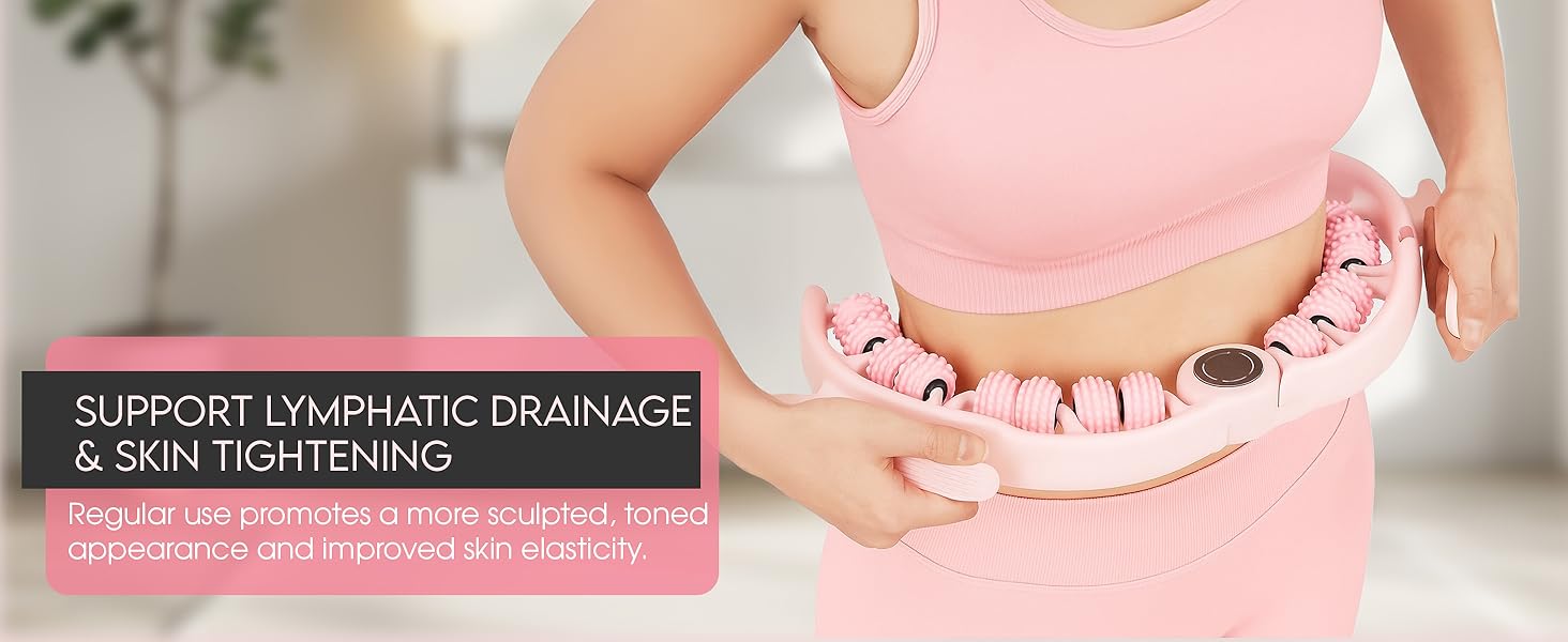 person using 180 degree adjustable massage roller on belly for skin tightening