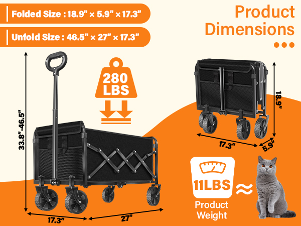 Folded: 18.9”x5.9”x17.3”. Unfolded: 46.5”x27”x17.3”. H: 33.8”-46.5”. Wt: 280 lbs.