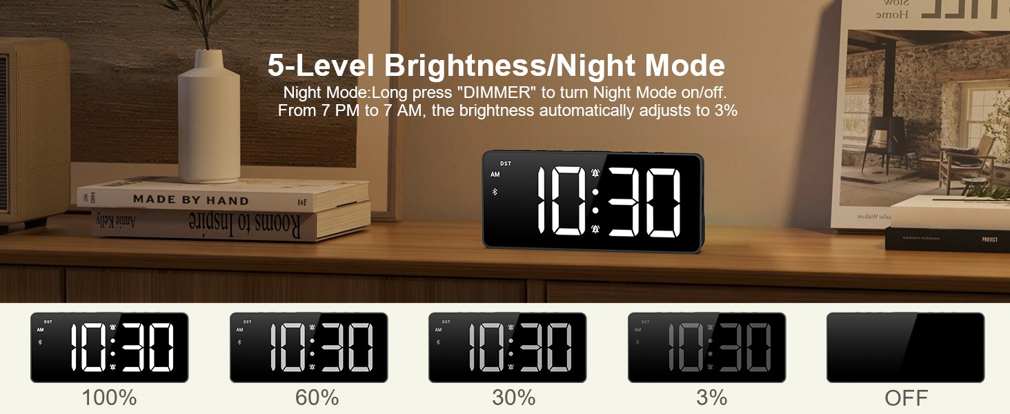 Digital Alarm Clock, LED Bedroom Clock with Bluetooth Sync Time