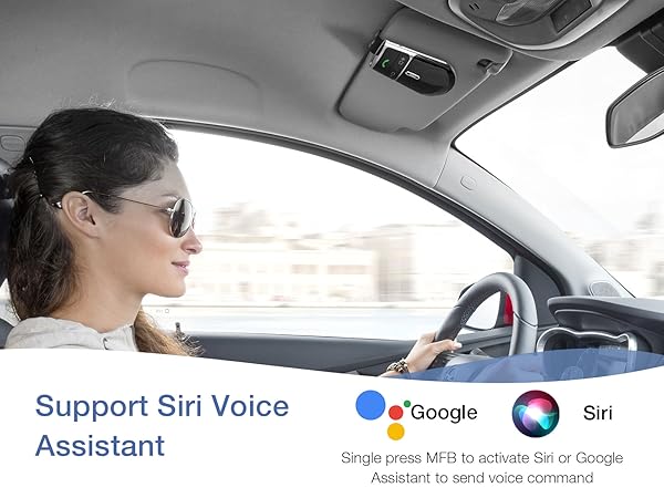 Car interior view showing steering wheel and dashboard. Text below mentions voice assistant support for Siri and Google, with icons and instructions for activation.