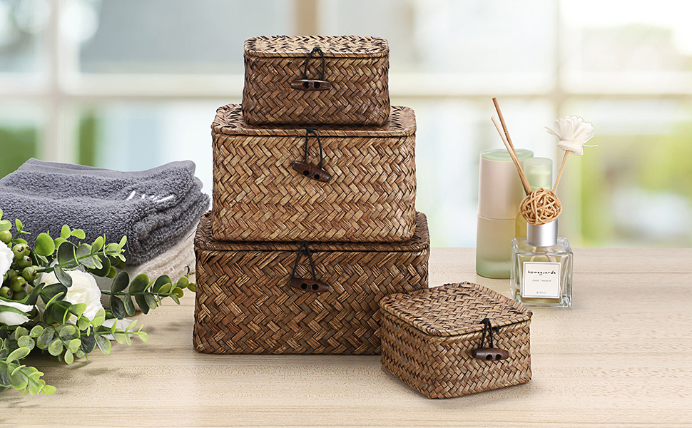 Wicker Baskets Bins with Lid Seagrass Baskets Storage Bins Handwoven storage Basket Organizer
