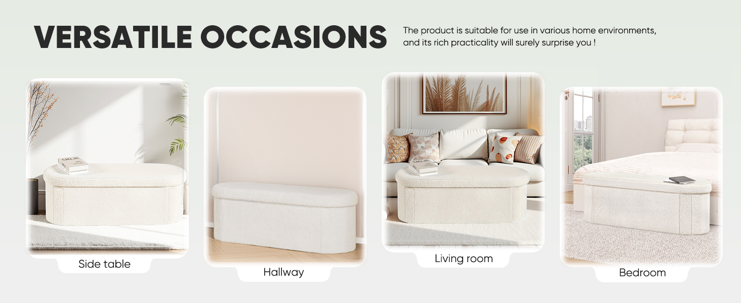 Text reads 'VERSATILE OCCASIONS'. Series of interior photographs showing white-themed spaces including living room, bedroom, and lounge areas.