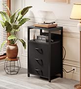 NightStand Bedside Charging Table Bedroom - Night Stand with Charger Station, Black Modern End Ta...