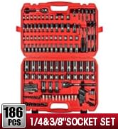LLNDEI 1/4 &amp; 3/8 Inch Drive Impact Socket Set, 186 Pieces Metric and Standard Full Sockets, CR-V ...