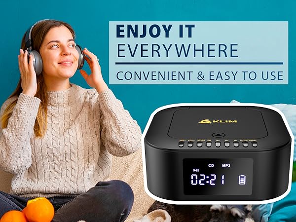 Text reads: 'ENJOY IT EVERYWHERE' and 'CONVENIENT &amp; EASY TO USE'. Marketing image showing wireless speaker or audio device with digital display against blue background.